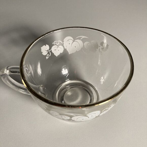 Anchor Hocking Glass Punch Cup Set (6) • White Grape Leaves • Gold Rim • Vintage - Picture 4 of 16